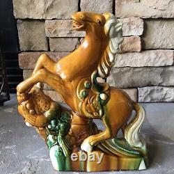 Vintage Ceramic Horse Figurine Porcelain Statue Tricolor Pottery Large Tang Rare