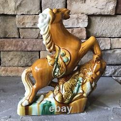 Vintage Ceramic Horse Figurine Porcelain Statue Tricolor Pottery Large Tang Rare