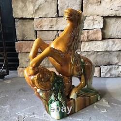Vintage Ceramic Horse Figurine Porcelain Statue Tricolor Pottery Large Tang Rare