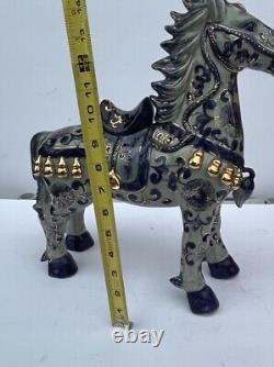 Vintage Chinese Floral Glazed Porcelain Horse Statue Gold Leaf