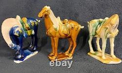 Vintage Chinese Tang Dynasty Sancai Glaze Porcelain War Horse Figurines Lot