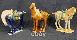 Vintage Chinese Tang Dynasty Sancai Glaze Porcelain War Horse Figurines Lot