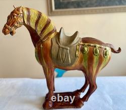 Vintage Chinese Tang Style Sancai Glazed Ceramic Horse Figurine War Horse