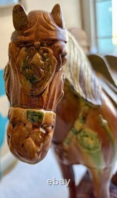 Vintage Chinese Tang Style Sancai Glazed Ceramic Horse Figurine War Horse
