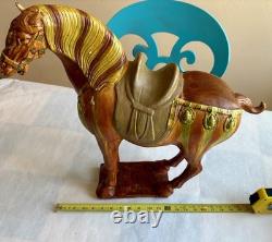 Vintage Chinese Tang Style Sancai Glazed Ceramic Horse Figurine War Horse