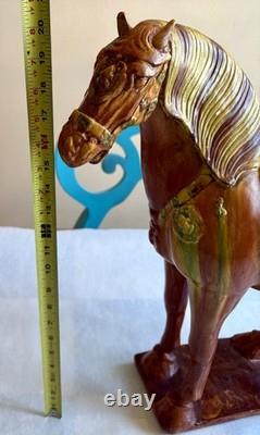 Vintage Chinese Tang Style Sancai Glazed Ceramic Horse Figurine War Horse