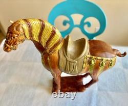 Vintage Chinese Tang Style Sancai Glazed Ceramic Horse Figurine War Horse