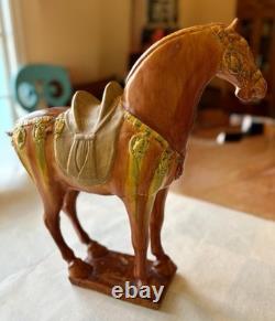 Vintage Chinese Tang Style Sancai Glazed Ceramic Horse Figurine War Horse