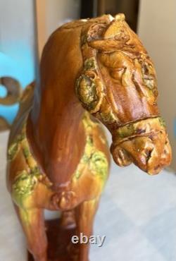 Vintage Chinese Tang Style Sancai Glazed Ceramic Horse Figurine War Horse
