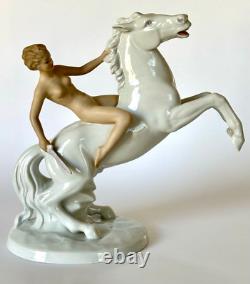 Vintage German Wallendorf Porcelain Figurine Nude Woman Riding Stallion Horse