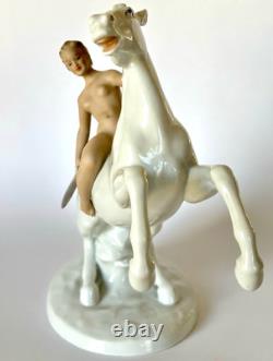 Vintage German Wallendorf Porcelain Figurine Nude Woman Riding Stallion Horse