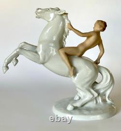 Vintage German Wallendorf Porcelain Figurine Nude Woman Riding Stallion Horse