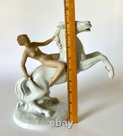 Vintage German Wallendorf Porcelain Figurine Nude Woman Riding Stallion Horse