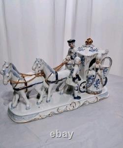 Vintage German porcelain carriage coach princess horses blue, white, and Gold
