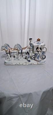 Vintage German porcelain carriage coach princess horses blue, white, and Gold
