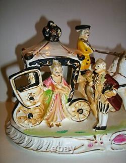 Vintage Japan Hand Painted Porcelain Horse & Carriage Victorian Figurine 1950s