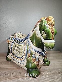 Vintage Large War Horse Glazed Ceramic Sculpture Chinese Pottery 21L x 17H