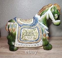 Vintage Large War Horse Glazed Ceramic Sculpture Chinese Pottery 21L x 17H