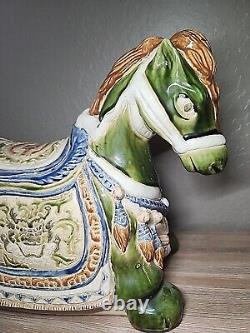 Vintage Large War Horse Glazed Ceramic Sculpture Chinese Pottery 21L x 17H