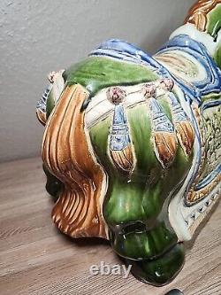 Vintage Large War Horse Glazed Ceramic Sculpture Chinese Pottery 21L x 17H