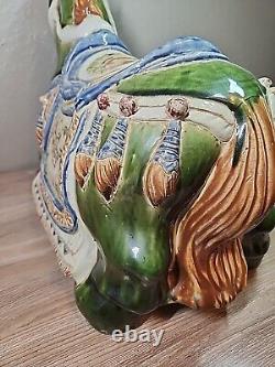 Vintage Large War Horse Glazed Ceramic Sculpture Chinese Pottery 21L x 17H