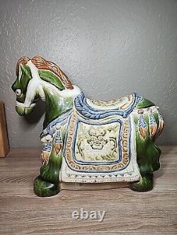 Vintage Large War Horse Glazed Ceramic Sculpture Chinese Pottery 21L x 17H