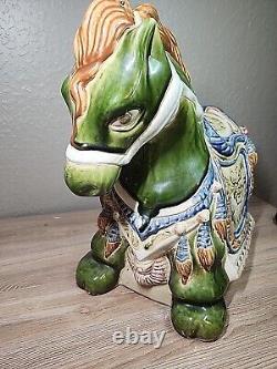 Vintage Large War Horse Glazed Ceramic Sculpture Chinese Pottery 21L x 17H