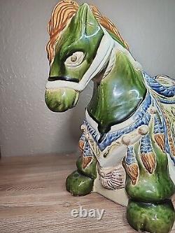 Vintage Large War Horse Glazed Ceramic Sculpture Chinese Pottery 21L x 17H