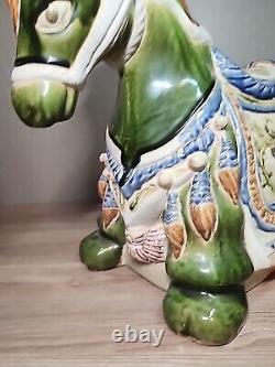 Vintage Large War Horse Glazed Ceramic Sculpture Chinese Pottery 21L x 17H