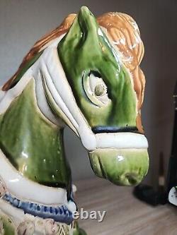 Vintage Large War Horse Glazed Ceramic Sculpture Chinese Pottery 21L x 17H