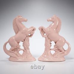 Vintage MCM Pink Glazed Ceramic Rearing Horse Figurine Sculpture Pair 10.25h
