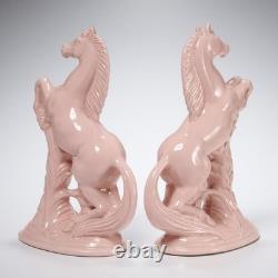 Vintage MCM Pink Glazed Ceramic Rearing Horse Figurine Sculpture Pair 10.25h