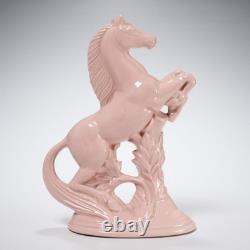 Vintage MCM Pink Glazed Ceramic Rearing Horse Figurine Sculpture Pair 10.25h