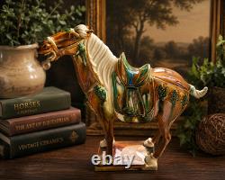 Vintage Majolica Style Ceramic Horse Figurine Glazed Equestrian Saddle Statue