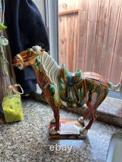 Vintage Majolica Style Ceramic Horse Figurine Glazed Equestrian Saddle Statue