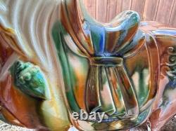 Vintage Majolica Style Ceramic Horse Figurine Glazed Equestrian Saddle Statue