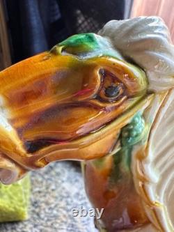 Vintage Majolica Style Ceramic Horse Figurine Glazed Equestrian Saddle Statue Vintage Majolica Style Ceramic Horse Figurine Glazed Equestrian Saddle Statue