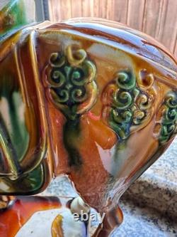 Vintage Majolica Style Ceramic Horse Figurine Glazed Equestrian Saddle Statue