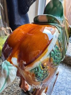 Vintage Majolica Style Ceramic Horse Figurine Glazed Equestrian Saddle Statue
