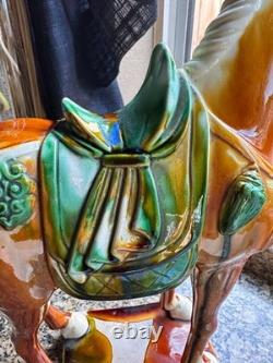 Vintage Majolica Style Ceramic Horse Figurine Glazed Equestrian Saddle Statue