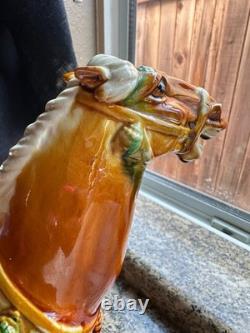 Vintage Majolica Style Ceramic Horse Figurine Glazed Equestrian Saddle Statue