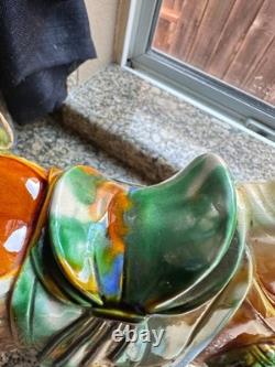 Vintage Majolica Style Ceramic Horse Figurine Glazed Equestrian Saddle Statue