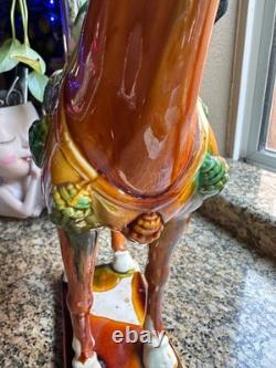 Vintage Majolica Style Ceramic Horse Figurine Glazed Equestrian Saddle Statue