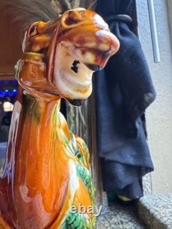 Vintage Majolica Style Ceramic Horse Figurine Glazed Equestrian Saddle Statue