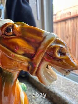 Vintage Majolica Style Ceramic Horse Figurine Glazed Equestrian Saddle Statue