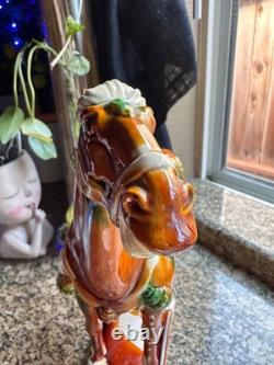 Vintage Majolica Style Ceramic Horse Figurine Glazed Equestrian Saddle Statue