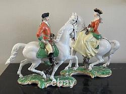 Vintage Nymphenburg Porcelain Bavaria Pair of Equestrian Horse Riders Figurines