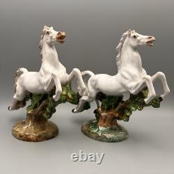 Vintage Pair Italian Porcelain Horse Figurines Gallop Surmounting Landscape 8H