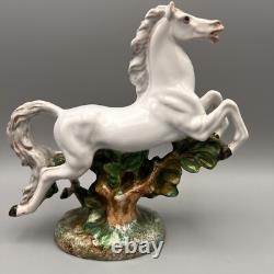 Vintage Pair Italian Porcelain Horse Figurines Gallop Surmounting Landscape 8H