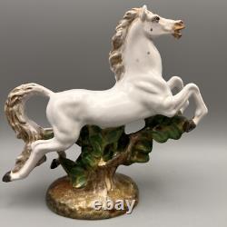 Vintage Pair Italian Porcelain Horse Figurines Gallop Surmounting Landscape 8H